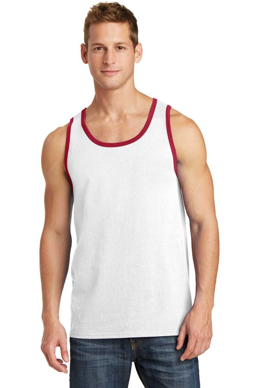Port &amp; Company PC54TT Core Cotton Tank Top - White Red - HIT a Double - 1