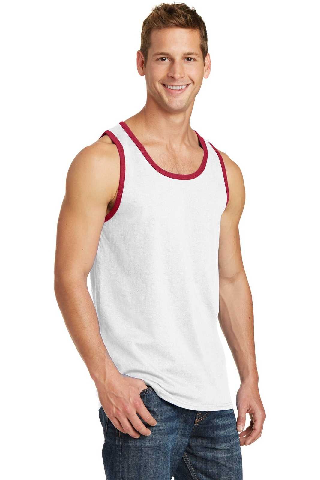 Port &amp; Company PC54TT Core Cotton Tank Top - White Red - HIT a Double - 4