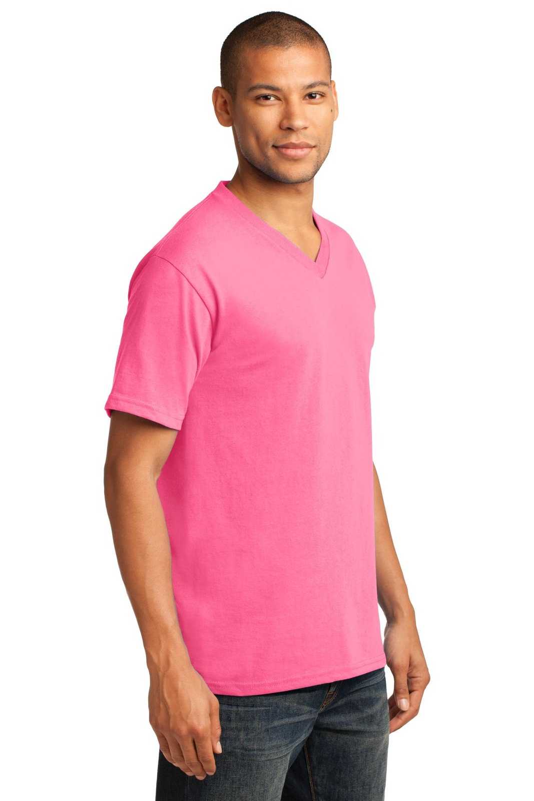 Port &amp; Company PC54V Core Cotton V-Neck Tee - Neon Pink - HIT a Double - 4