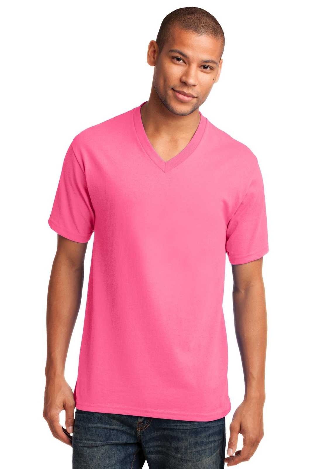 Port &amp; Company PC54V Core Cotton V-Neck Tee - Neon Pink - HIT a Double - 1