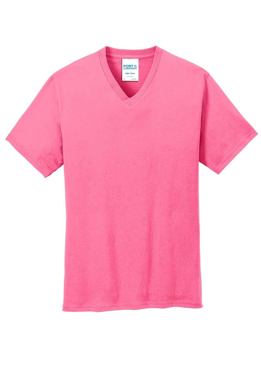 Port &amp; Company PC54V Core Cotton V-Neck Tee - Neon Pink - HIT a Double - 5