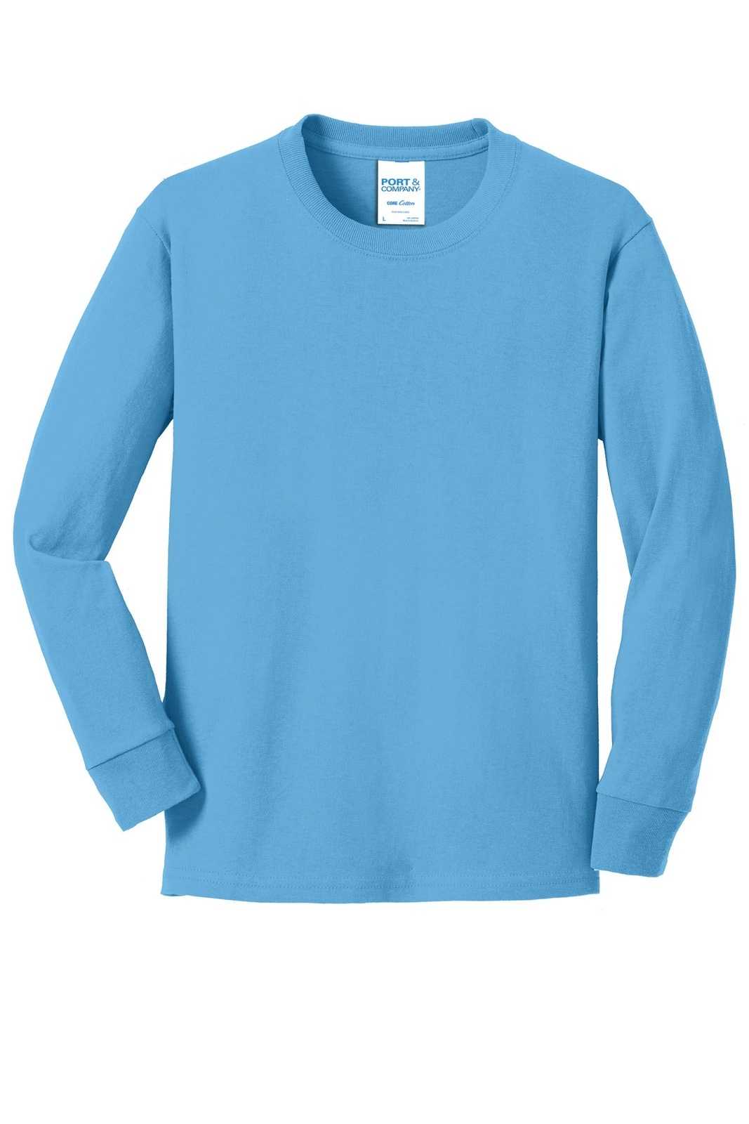 Port &amp; Company PC54YLS Youth Long Sleeve Core Cotton Tee - Aquatic Blue - HIT a Double - 5