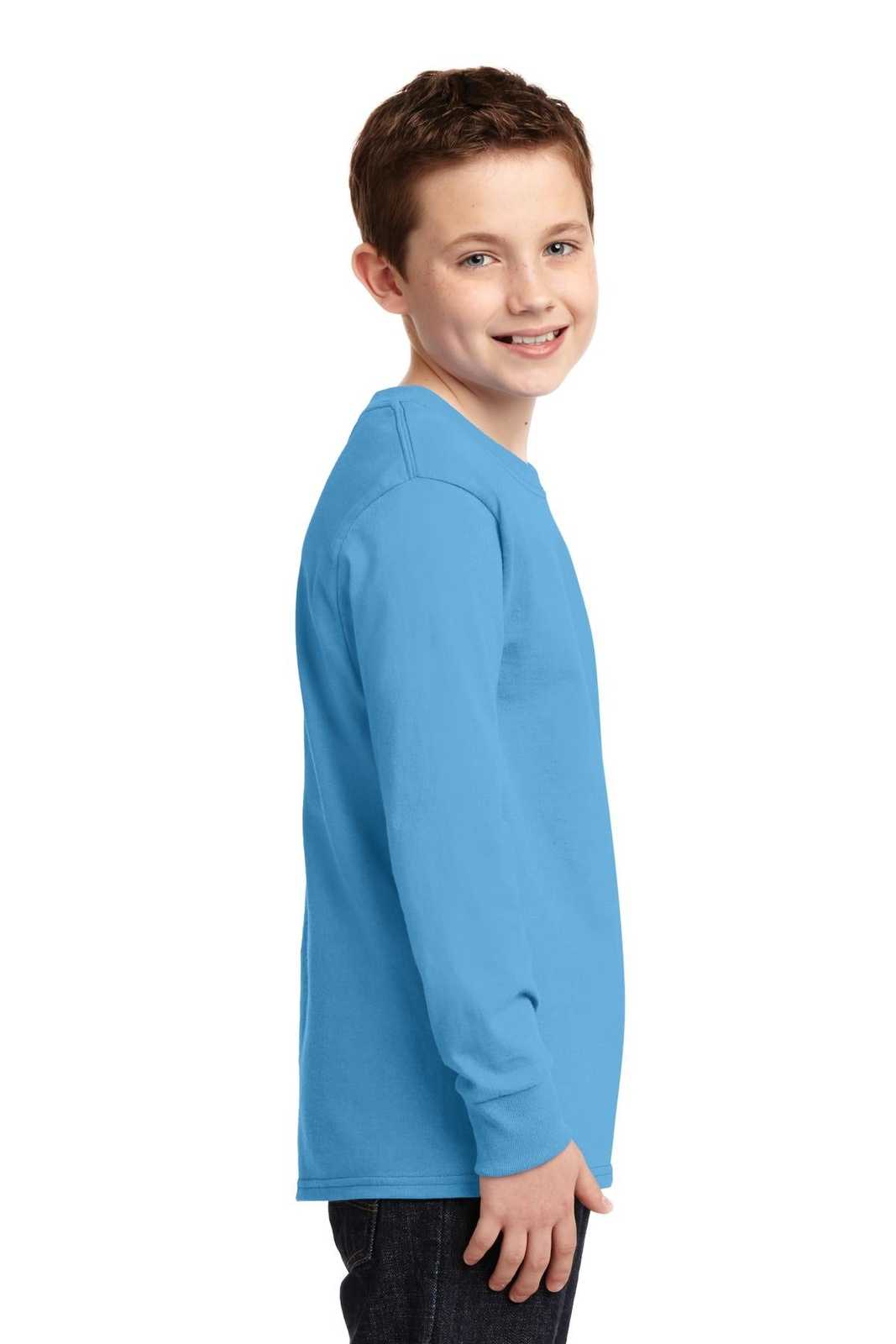 Port &amp; Company PC54YLS Youth Long Sleeve Core Cotton Tee - Aquatic Blue - HIT a Double - 3