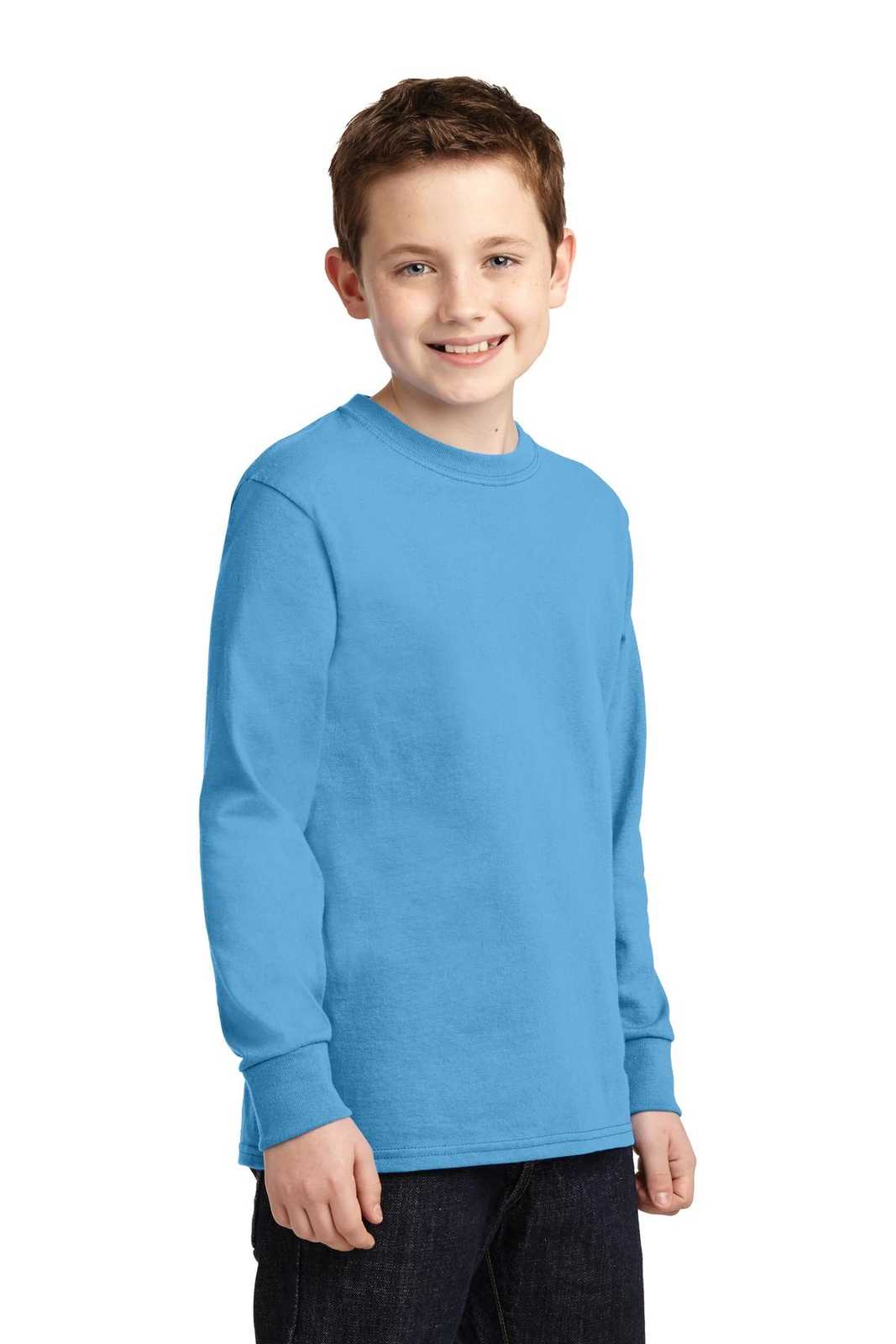 Port &amp; Company PC54YLS Youth Long Sleeve Core Cotton Tee - Aquatic Blue - HIT a Double - 4