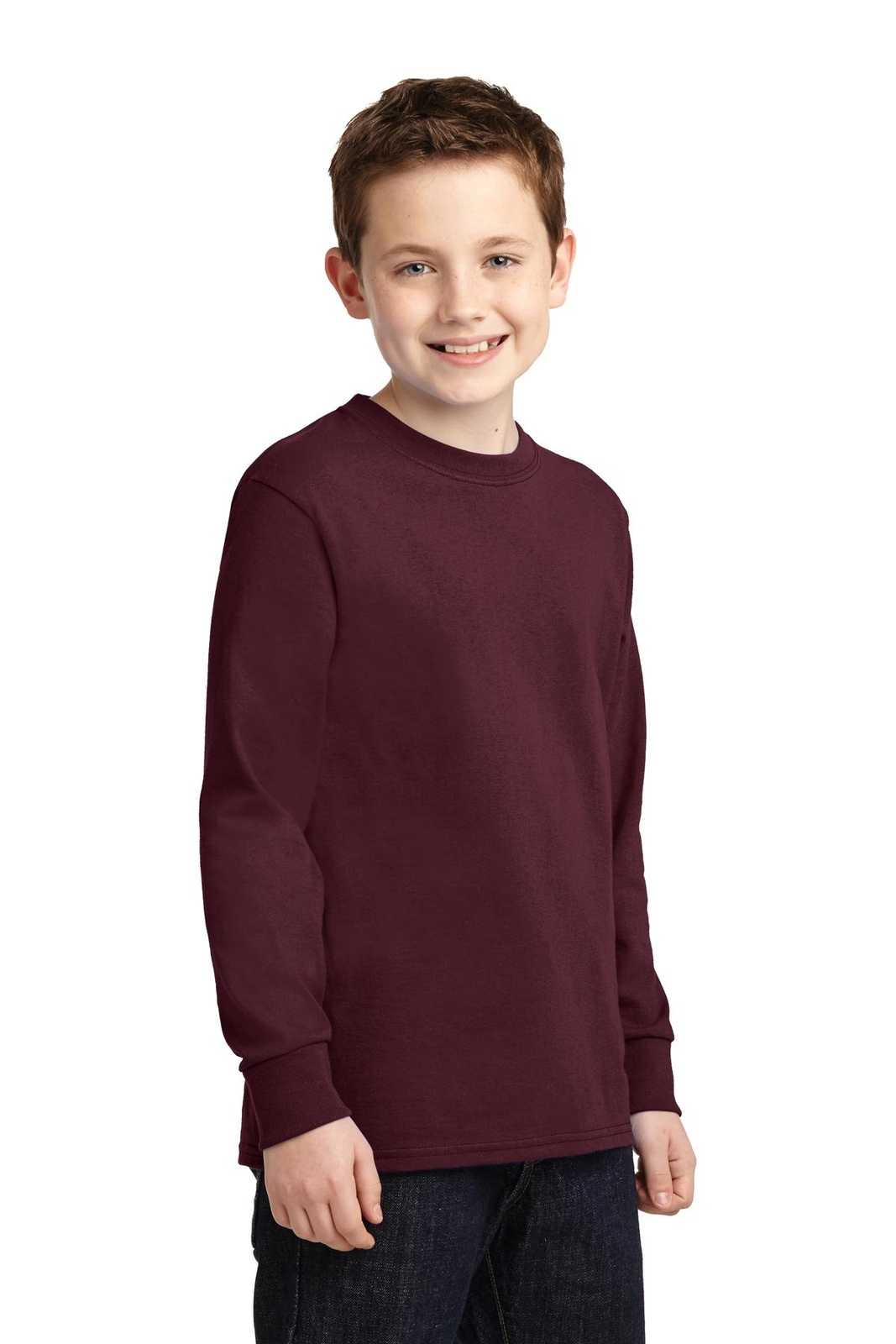 Port &amp; Company PC54YLS Youth Long Sleeve Core Cotton Tee - Athletic Maroon - HIT a Double - 4