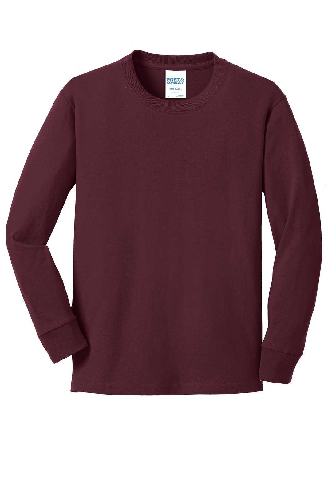 Port &amp; Company PC54YLS Youth Long Sleeve Core Cotton Tee - Athletic Maroon - HIT a Double - 5