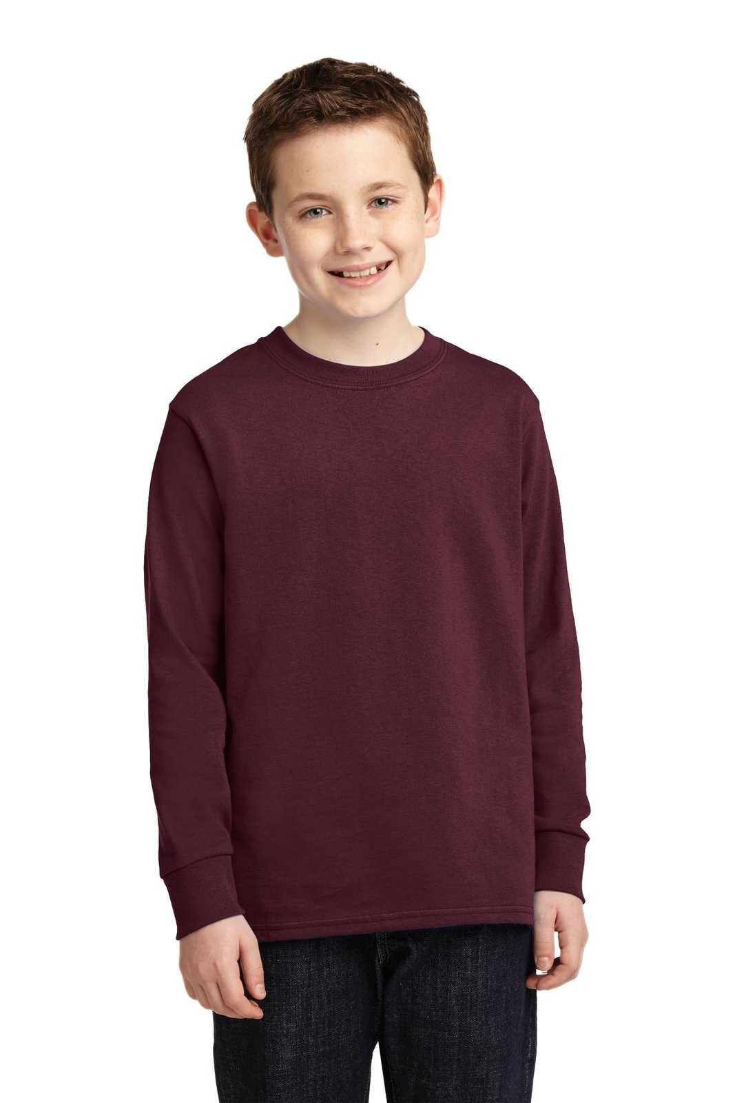 Port &amp; Company PC54YLS Youth Long Sleeve Core Cotton Tee - Athletic Maroon - HIT a Double - 1