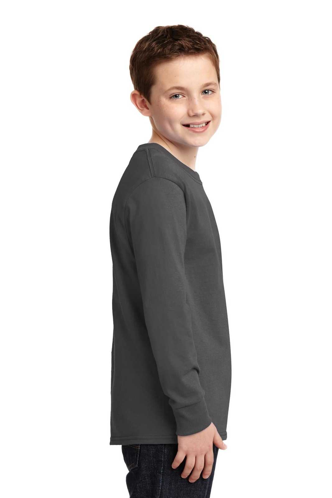 Port &amp; Company PC54YLS Youth Long Sleeve Core Cotton Tee - Charcoal - HIT a Double - 3