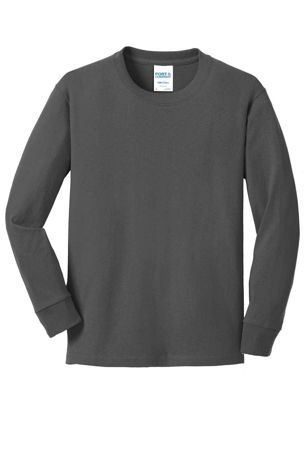 Port &amp; Company PC54YLS Youth Long Sleeve Core Cotton Tee - Charcoal - HIT a Double - 5