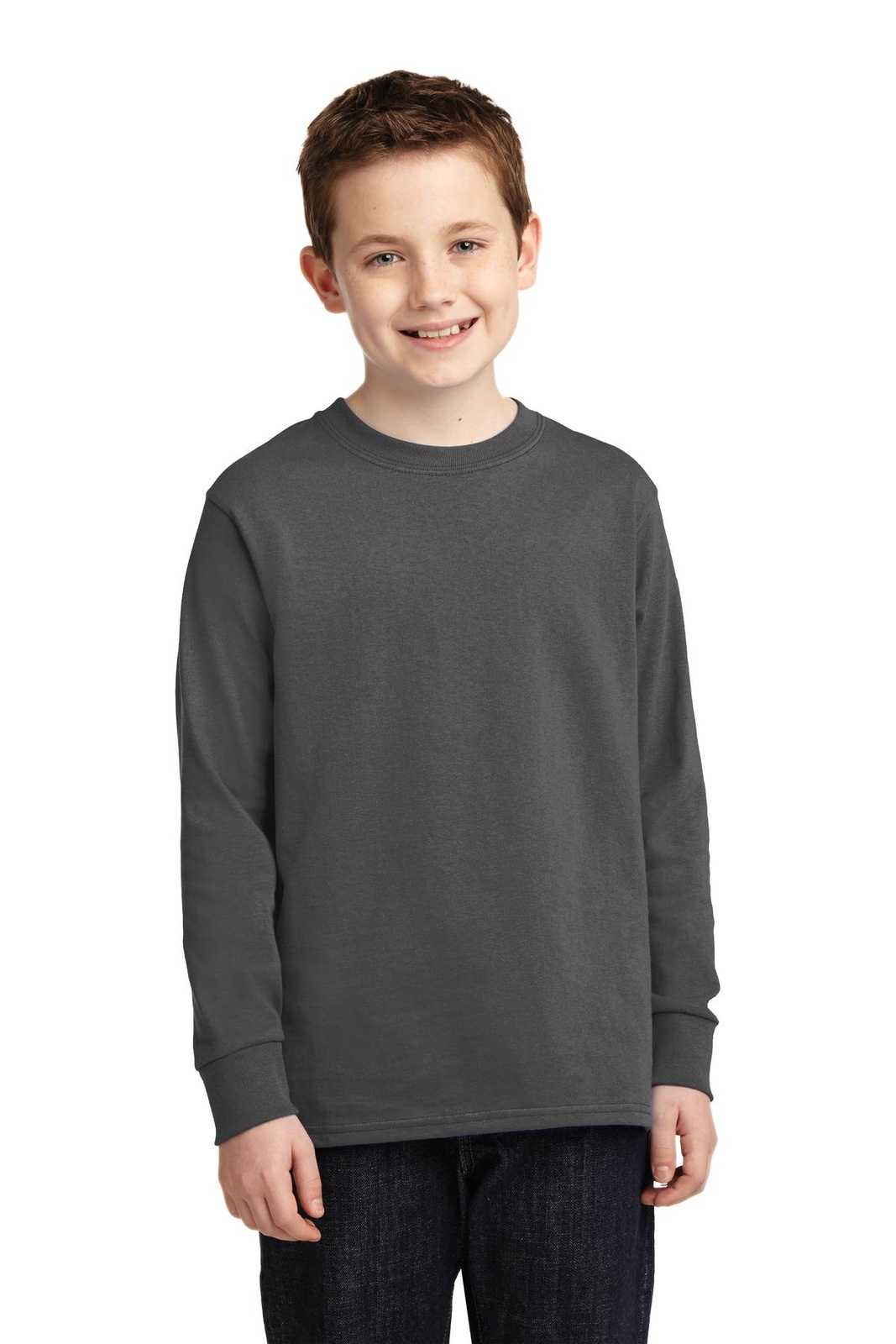 Port &amp; Company PC54YLS Youth Long Sleeve Core Cotton Tee - Charcoal - HIT a Double - 1