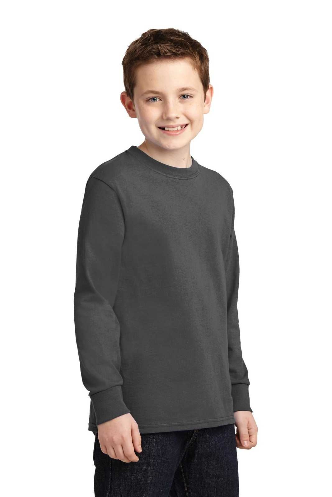 Port &amp; Company PC54YLS Youth Long Sleeve Core Cotton Tee - Charcoal - HIT a Double - 4