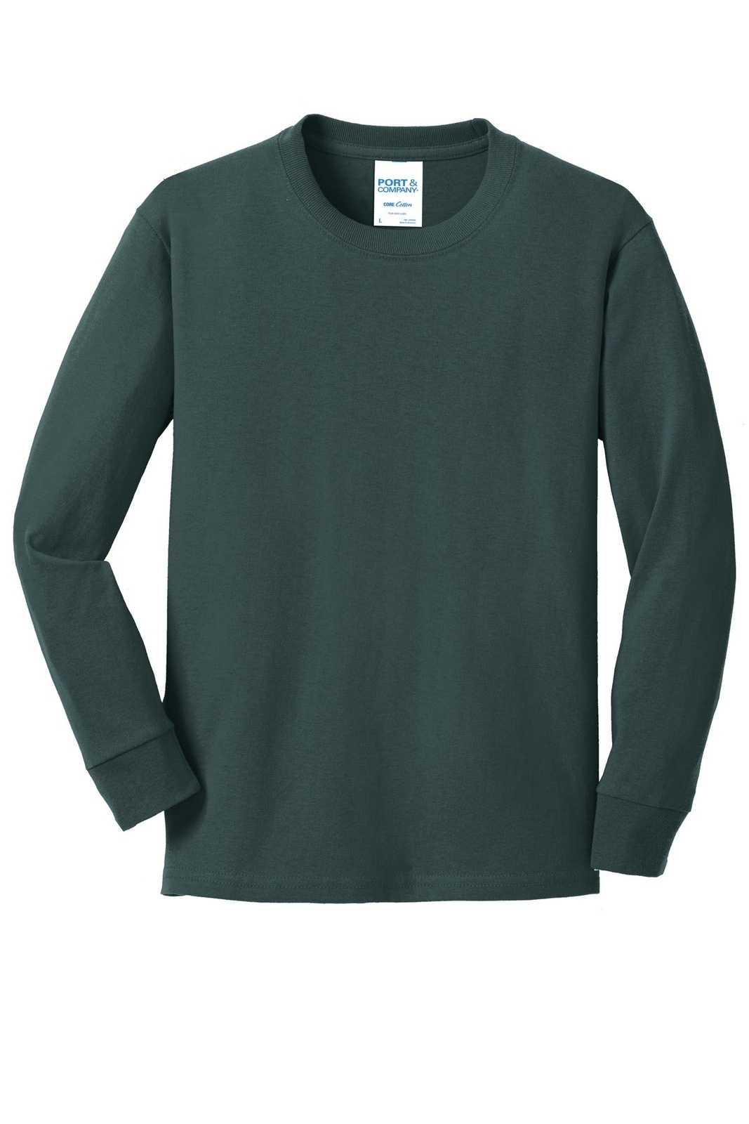 Port &amp; Company PC54YLS Youth Long Sleeve Core Cotton Tee - Dark Green - HIT a Double - 5
