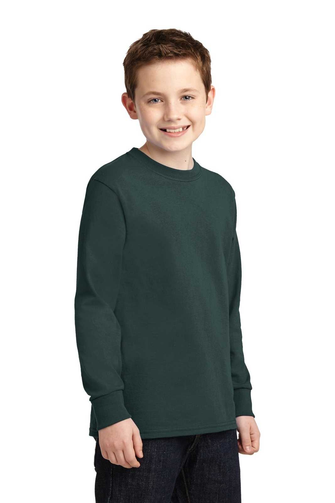 Port &amp; Company PC54YLS Youth Long Sleeve Core Cotton Tee - Dark Green - HIT a Double - 4