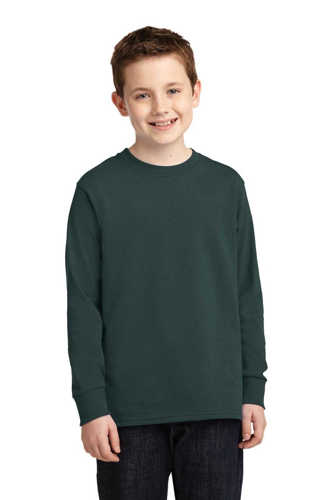 Port &amp; Company PC54YLS Youth Long Sleeve Core Cotton Tee - Dark Green - HIT a Double - 1