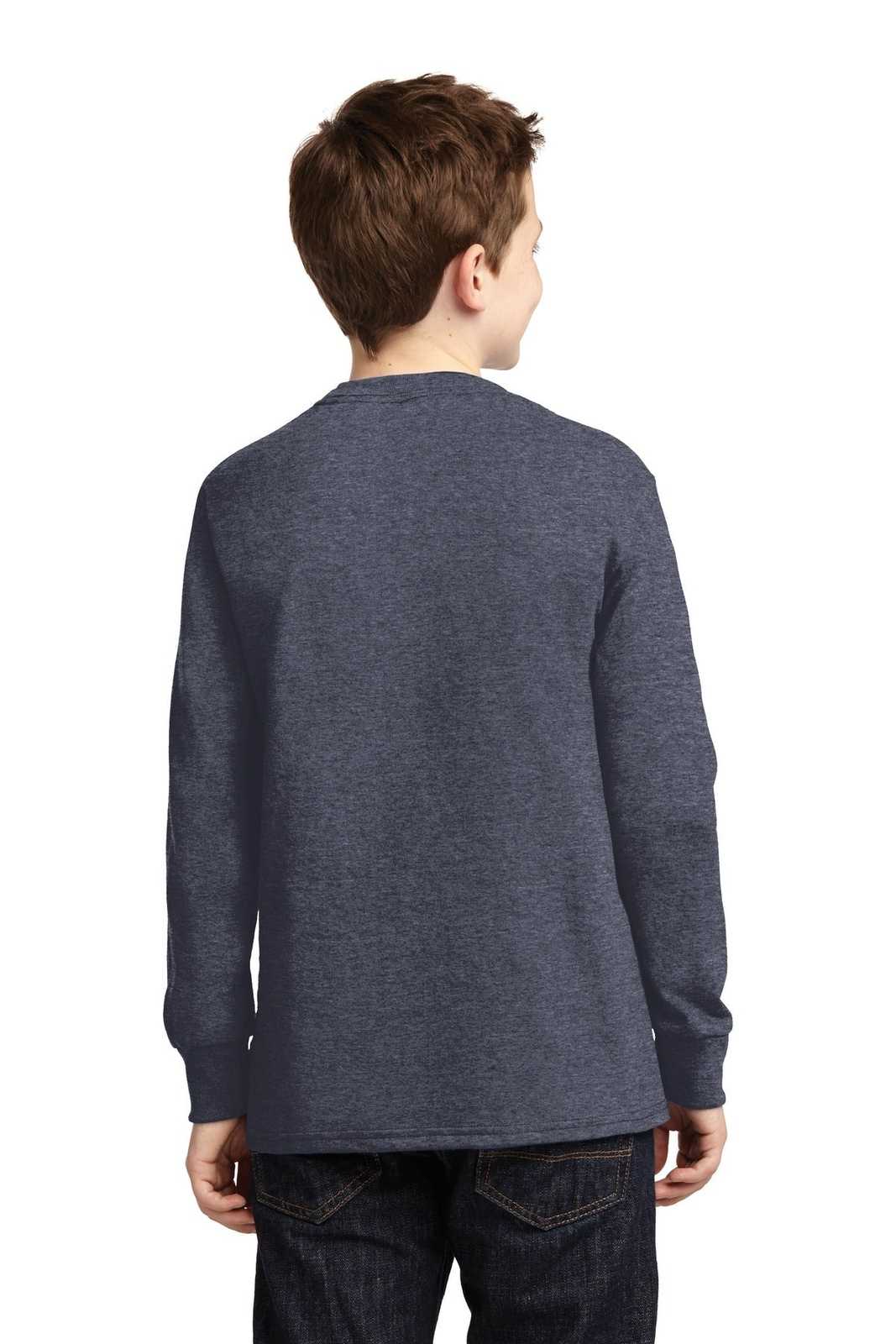 Port &amp; Company PC54YLS Youth Long Sleeve Core Cotton Tee - Heather Navy - HIT a Double - 2