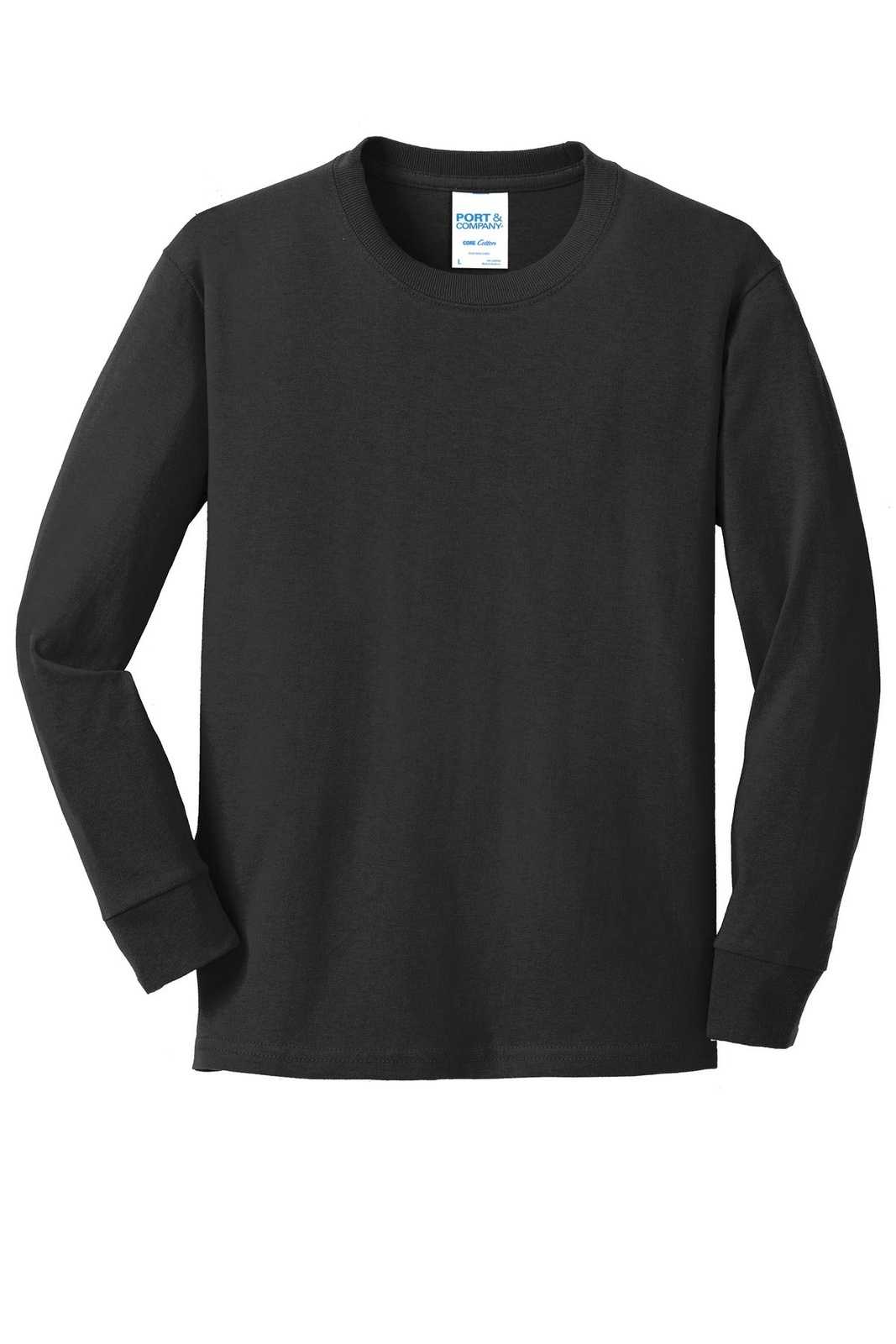 Port &amp; Company PC54YLS Youth Long Sleeve Core Cotton Tee - Jet Black - HIT a Double - 5