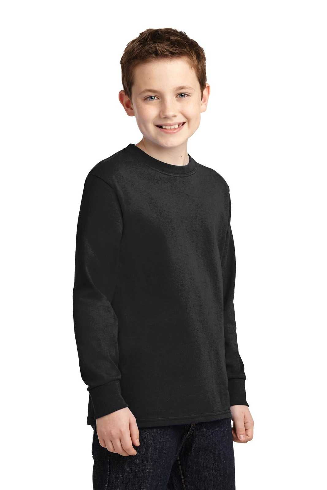 Port &amp; Company PC54YLS Youth Long Sleeve Core Cotton Tee - Jet Black - HIT a Double - 4
