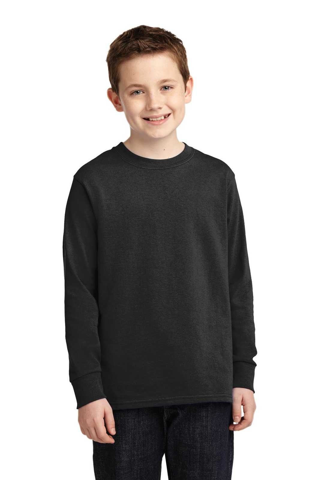 Port &amp; Company PC54YLS Youth Long Sleeve Core Cotton Tee - Jet Black - HIT a Double - 1