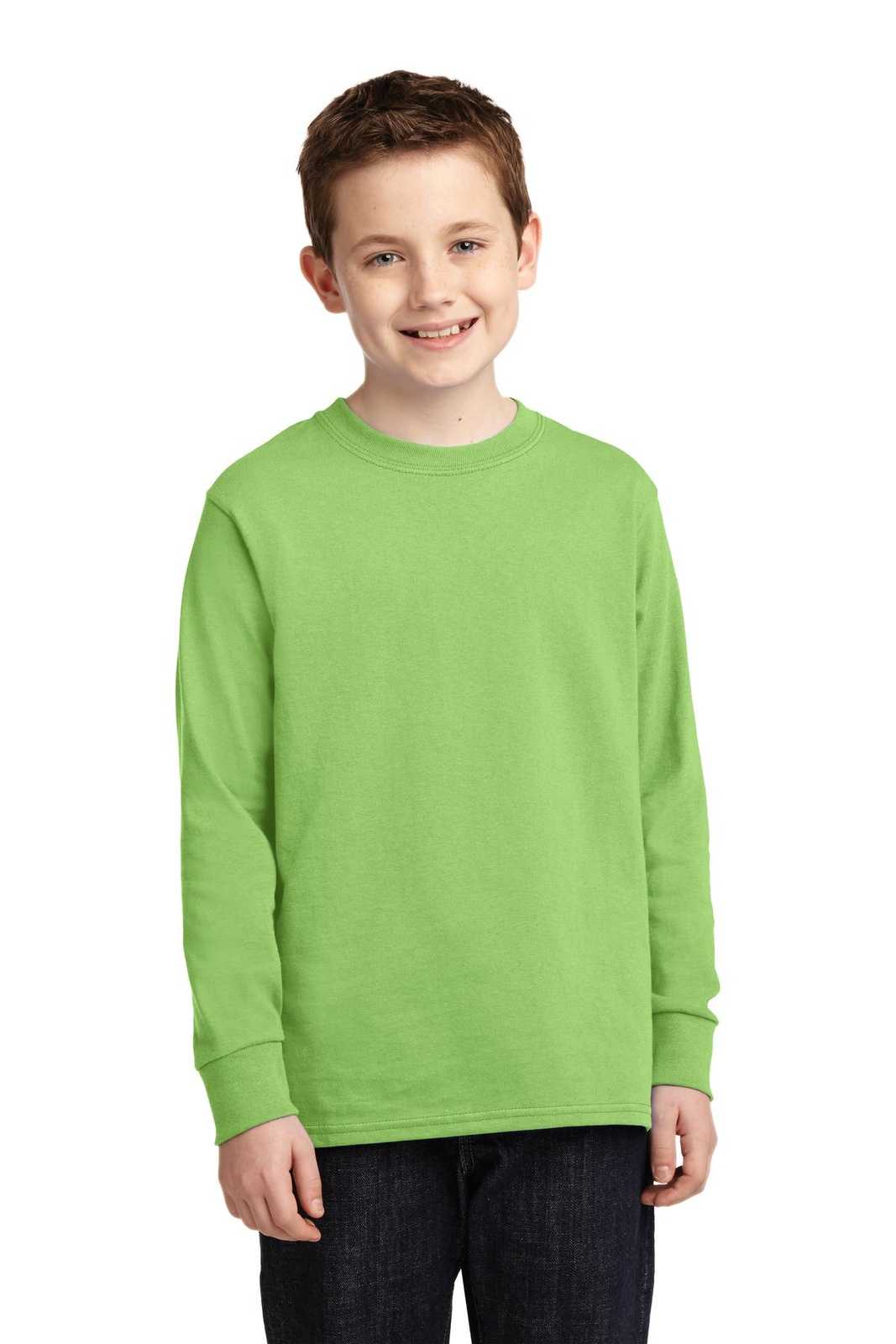 Port &amp; Company PC54YLS Youth Long Sleeve Core Cotton Tee - Lime - HIT a Double - 1