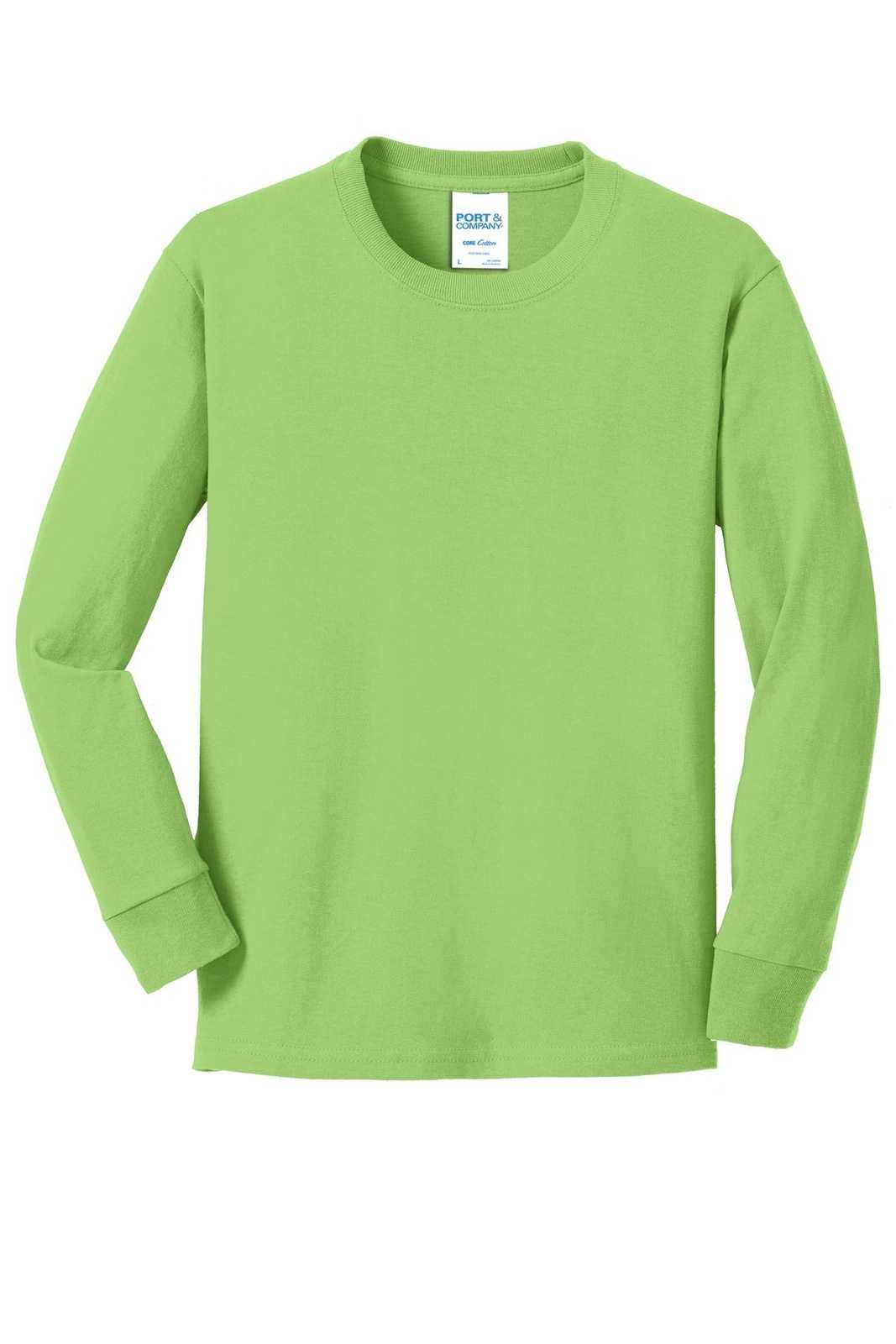 Port &amp; Company PC54YLS Youth Long Sleeve Core Cotton Tee - Lime - HIT a Double - 5