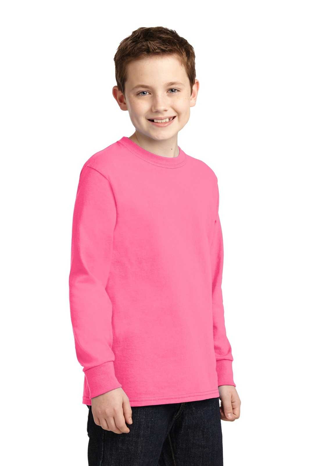 Port &amp; Company PC54YLS Youth Long Sleeve Core Cotton Tee - Neon Pink - HIT a Double - 4