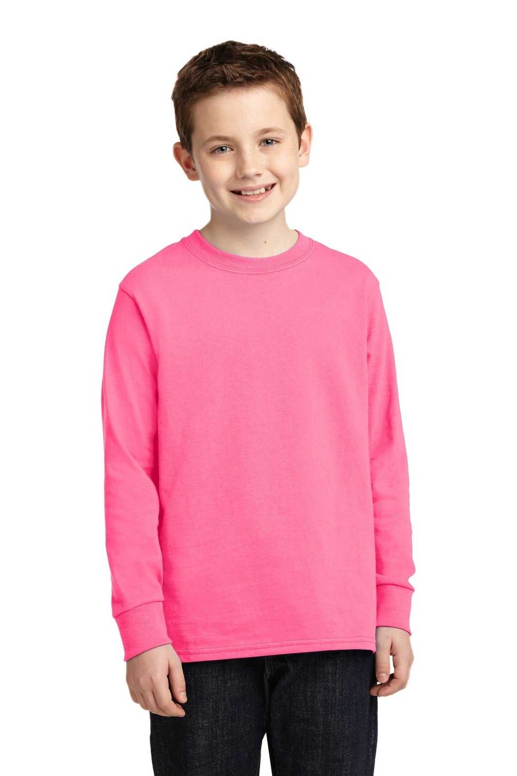 Port &amp; Company PC54YLS Youth Long Sleeve Core Cotton Tee - Neon Pink - HIT a Double - 1