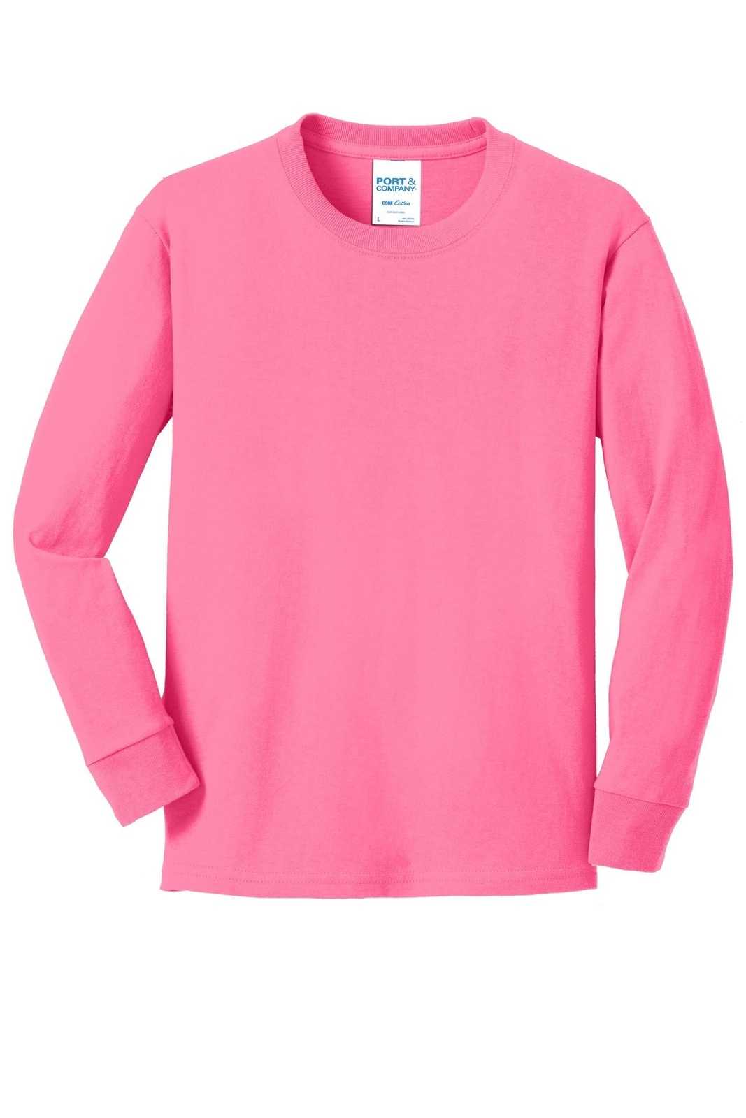 Port &amp; Company PC54YLS Youth Long Sleeve Core Cotton Tee - Neon Pink - HIT a Double - 5