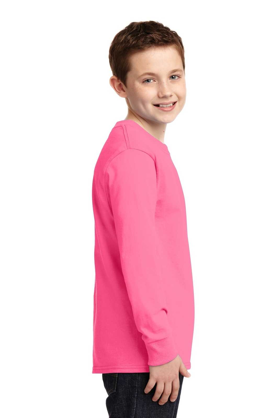 Port &amp; Company PC54YLS Youth Long Sleeve Core Cotton Tee - Neon Pink - HIT a Double - 3