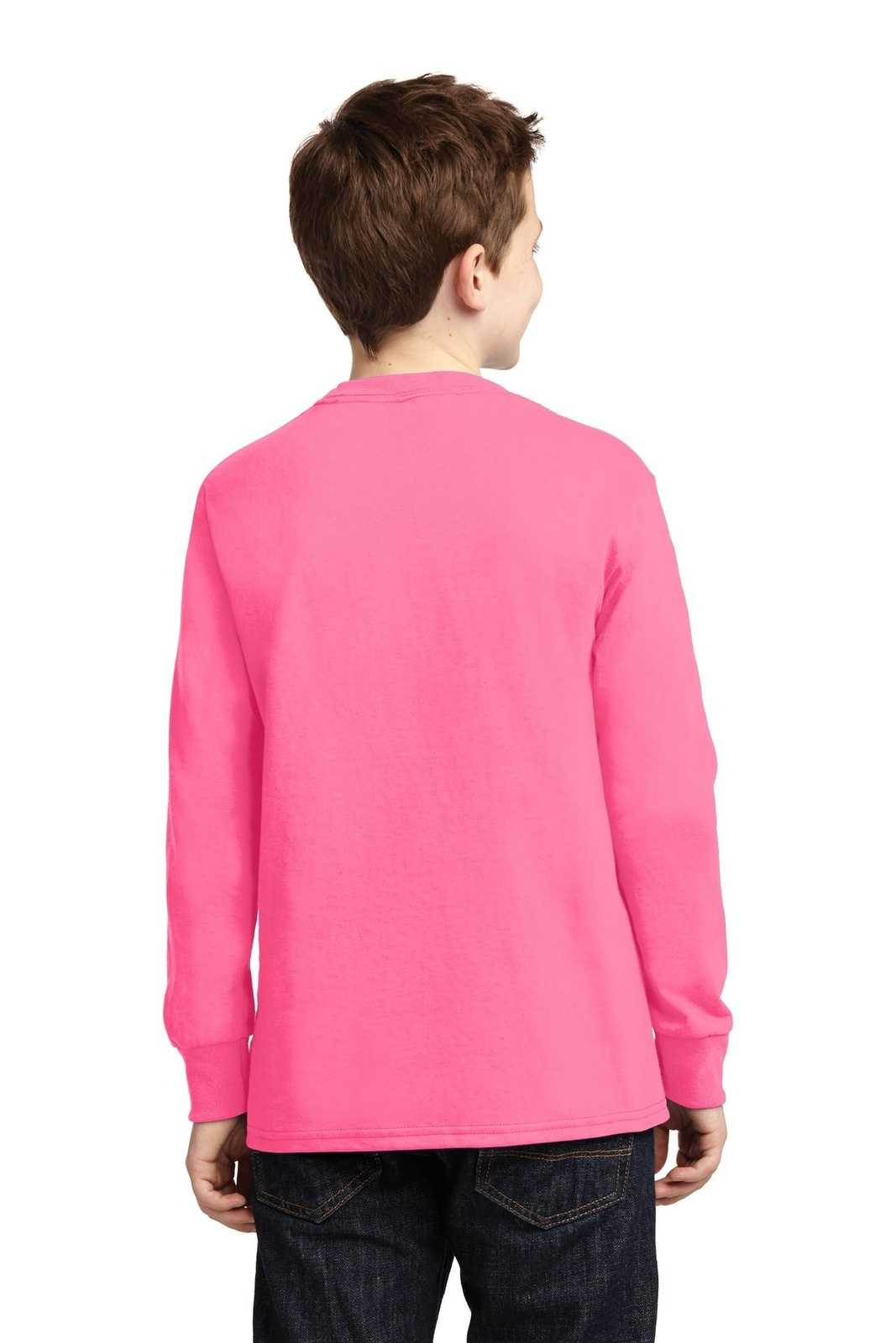 Port &amp; Company PC54YLS Youth Long Sleeve Core Cotton Tee - Neon Pink - HIT a Double - 2