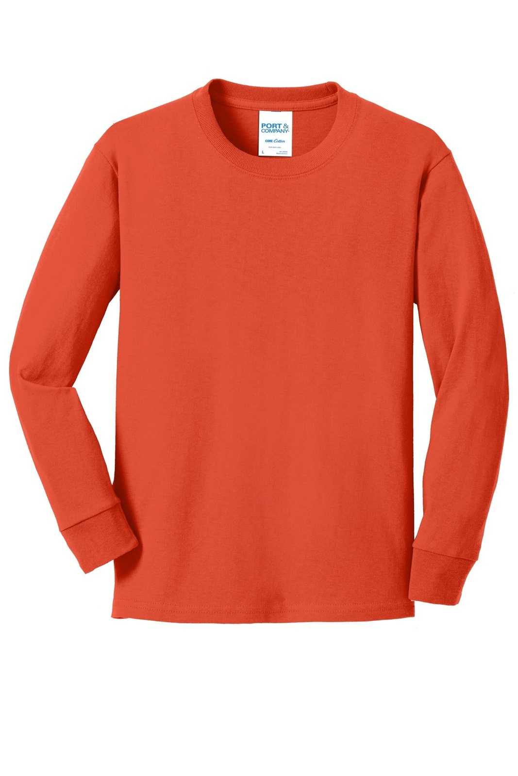 Port &amp; Company PC54YLS Youth Long Sleeve Core Cotton Tee - Orange - HIT a Double - 5