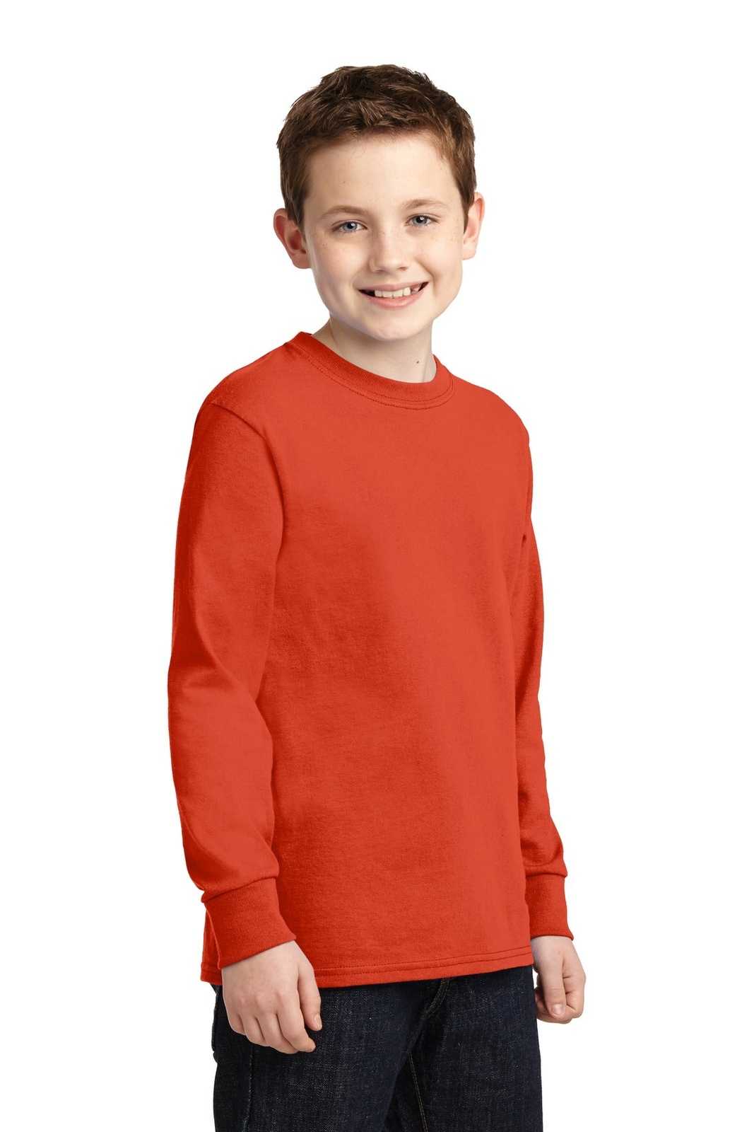 Port &amp; Company PC54YLS Youth Long Sleeve Core Cotton Tee - Orange - HIT a Double - 4