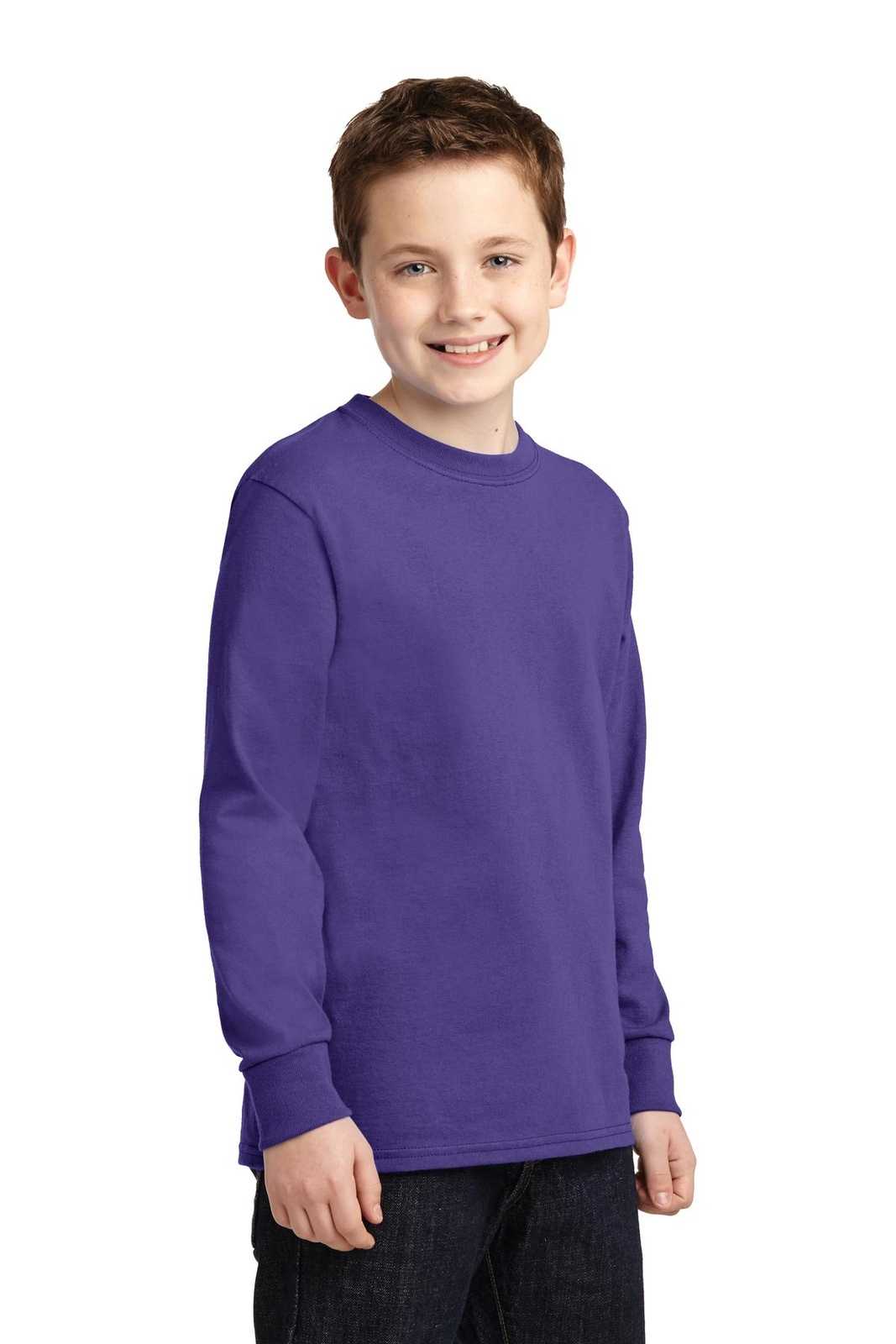 Port &amp; Company PC54YLS Youth Long Sleeve Core Cotton Tee - Purple - HIT a Double - 4