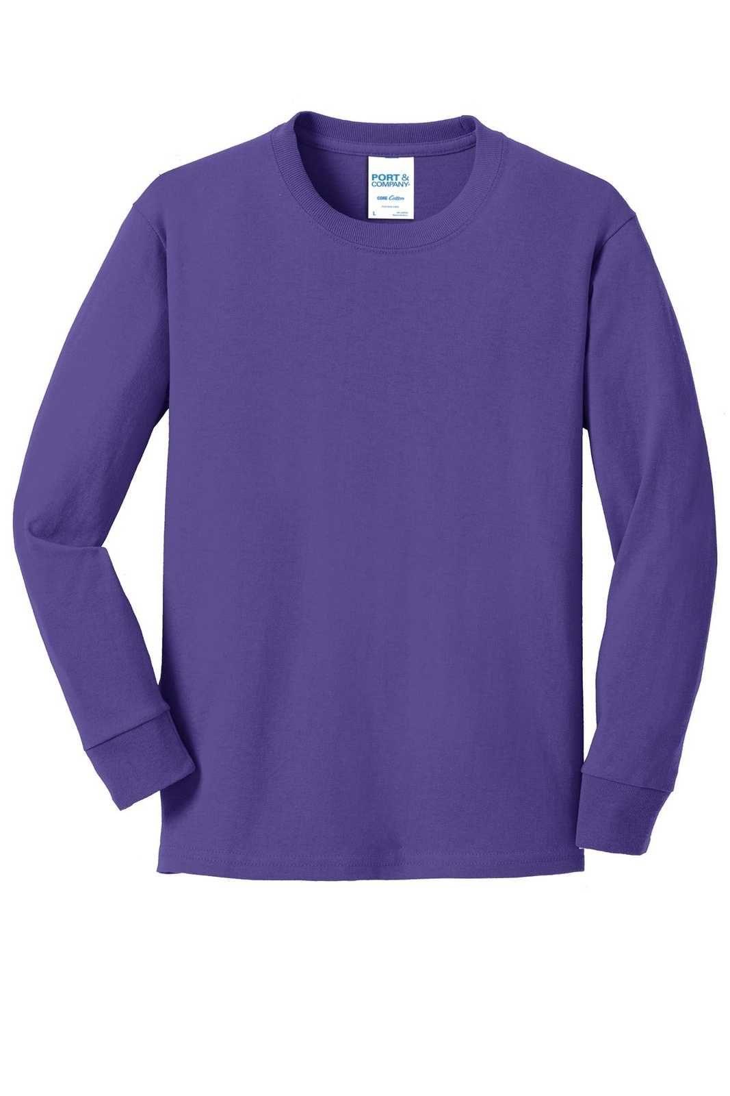 Port &amp; Company PC54YLS Youth Long Sleeve Core Cotton Tee - Purple - HIT a Double - 5
