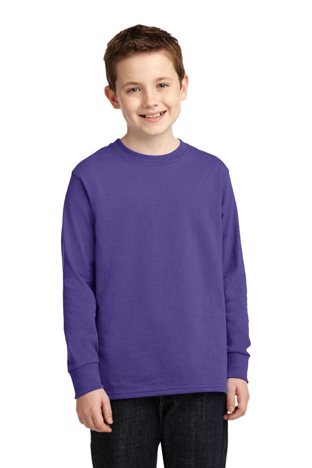 Port &amp; Company PC54YLS Youth Long Sleeve Core Cotton Tee - Purple - HIT a Double - 1