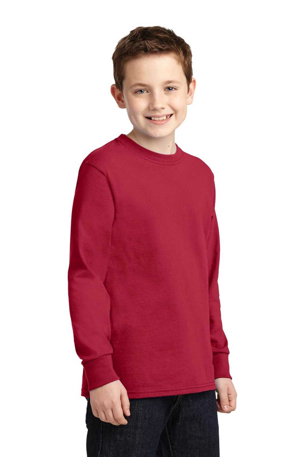 Port &amp; Company PC54YLS Youth Long Sleeve Core Cotton Tee - Red - HIT a Double - 4