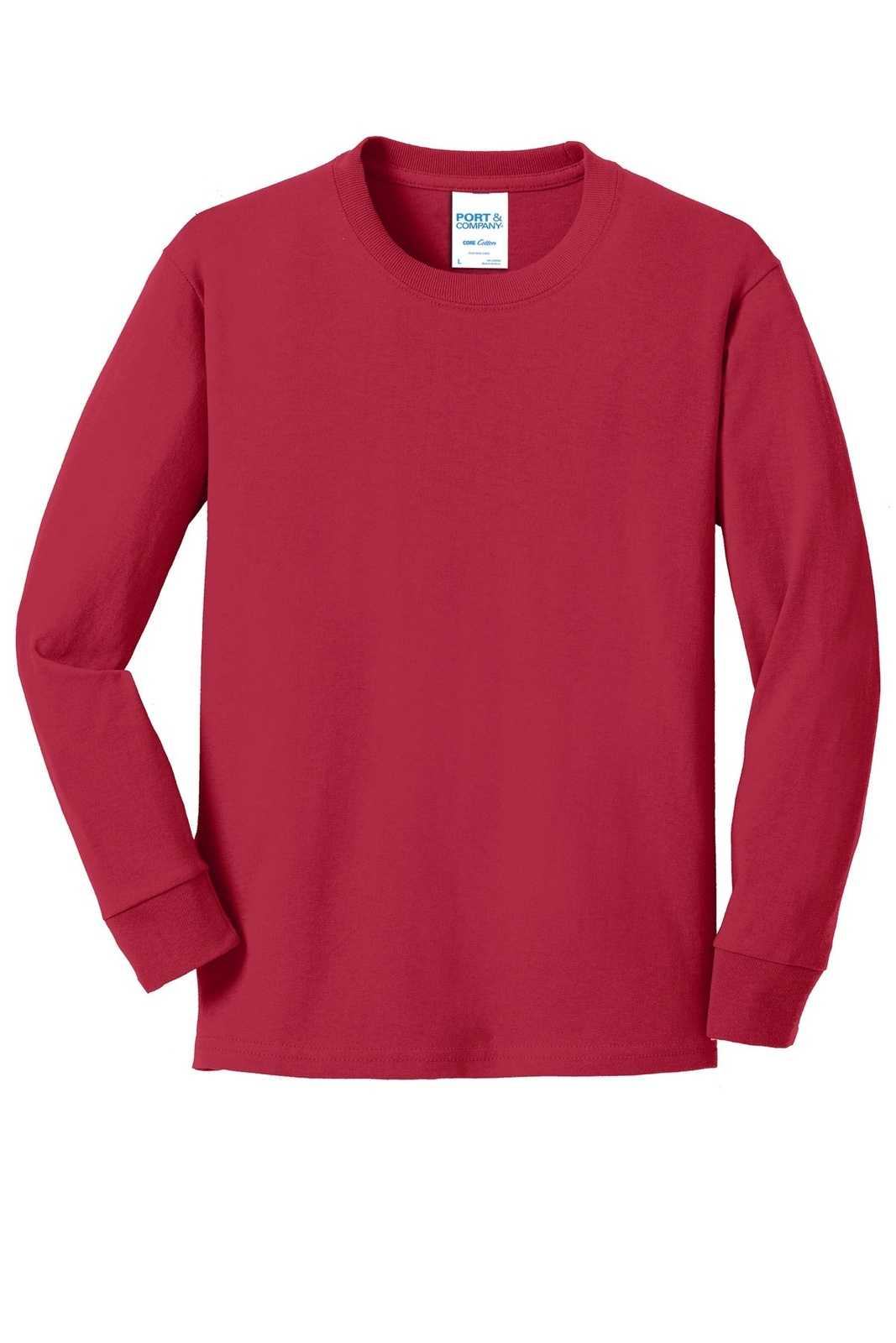 Port &amp; Company PC54YLS Youth Long Sleeve Core Cotton Tee - Red - HIT a Double - 5