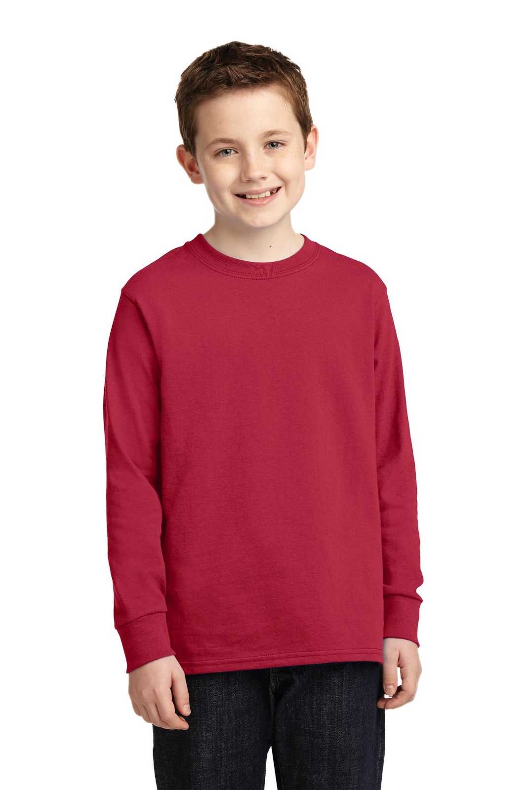 Port &amp; Company PC54YLS Youth Long Sleeve Core Cotton Tee - Red - HIT a Double - 1