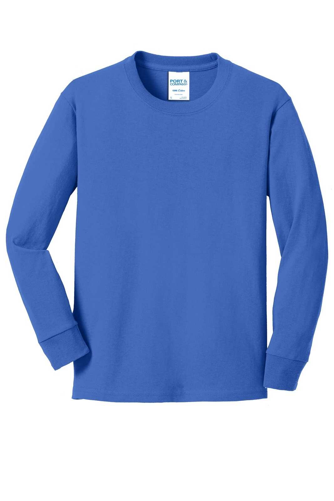 Port &amp; Company PC54YLS Youth Long Sleeve Core Cotton Tee - Royal - HIT a Double - 5