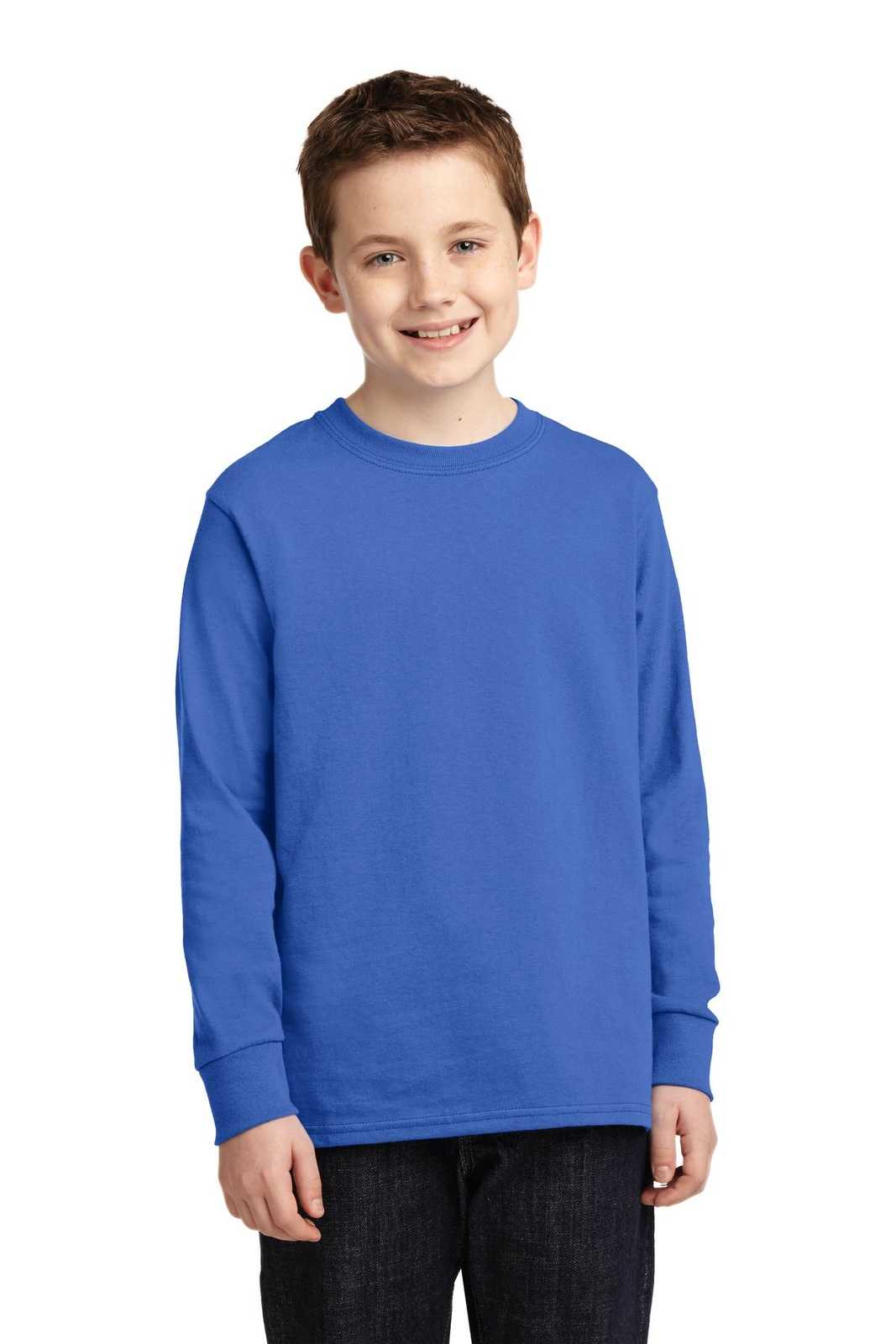 Port &amp; Company PC54YLS Youth Long Sleeve Core Cotton Tee - Royal - HIT a Double - 1