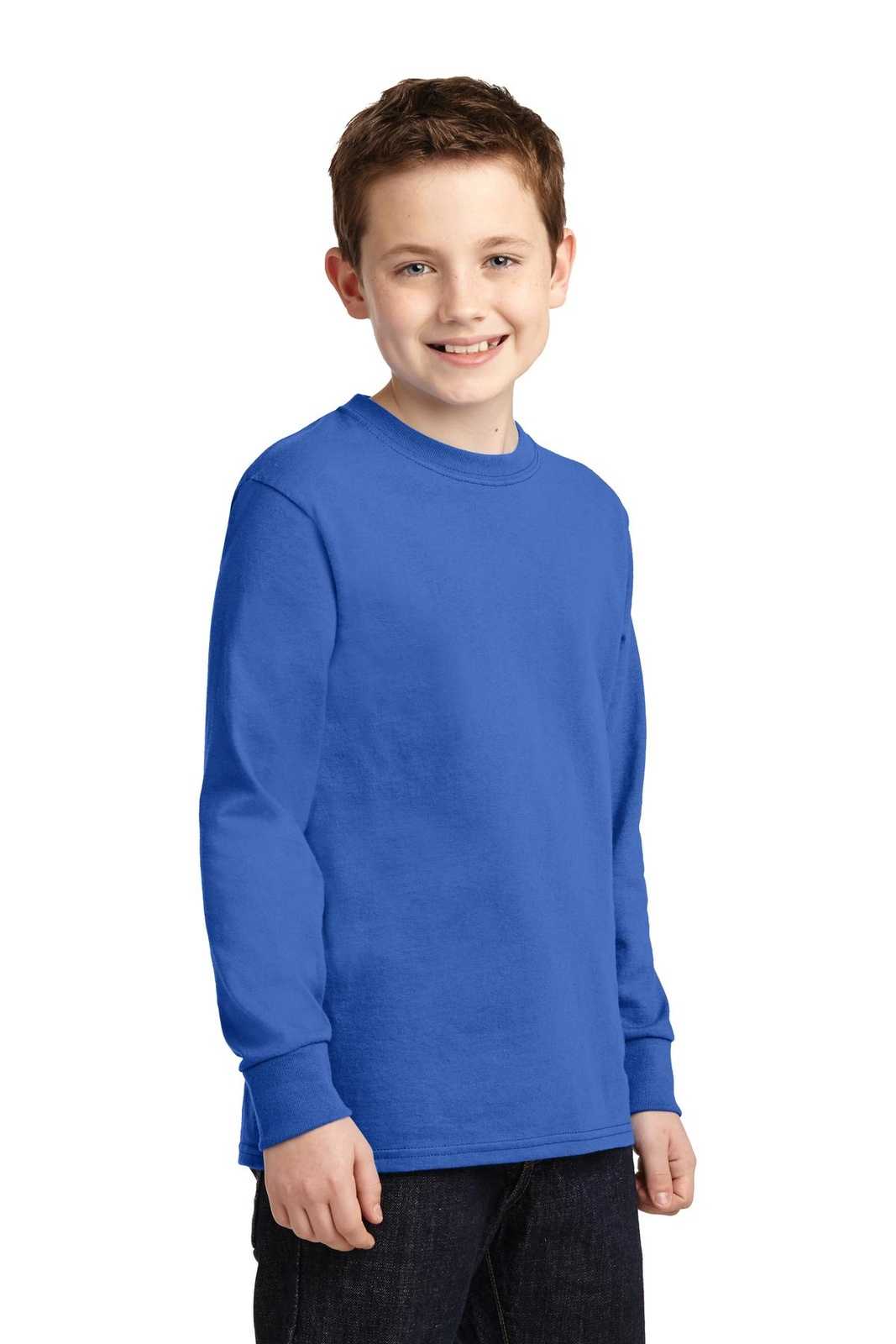 Port &amp; Company PC54YLS Youth Long Sleeve Core Cotton Tee - Royal - HIT a Double - 4