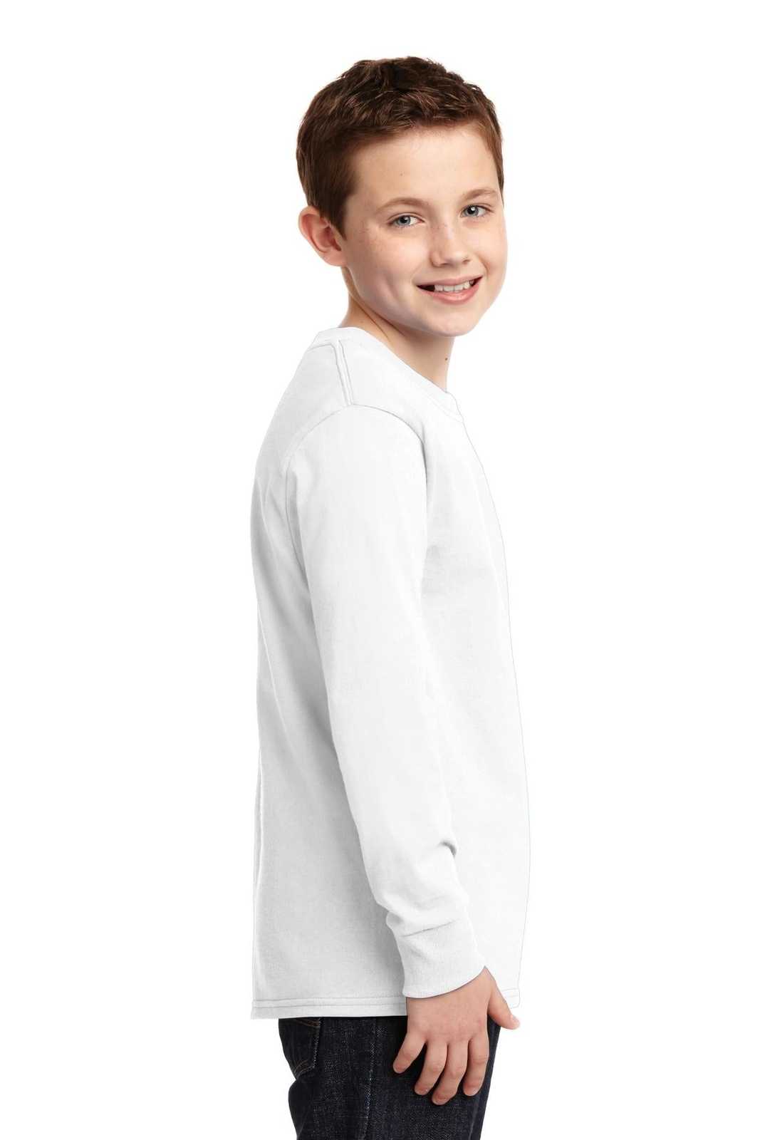 Port &amp; Company PC54YLS Youth Long Sleeve Core Cotton Tee - White - HIT a Double - 3