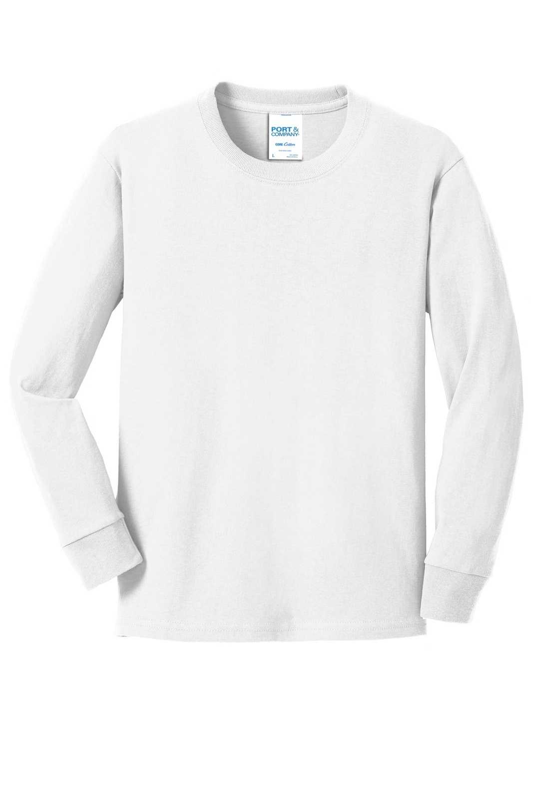 Port &amp; Company PC54YLS Youth Long Sleeve Core Cotton Tee - White - HIT a Double - 5
