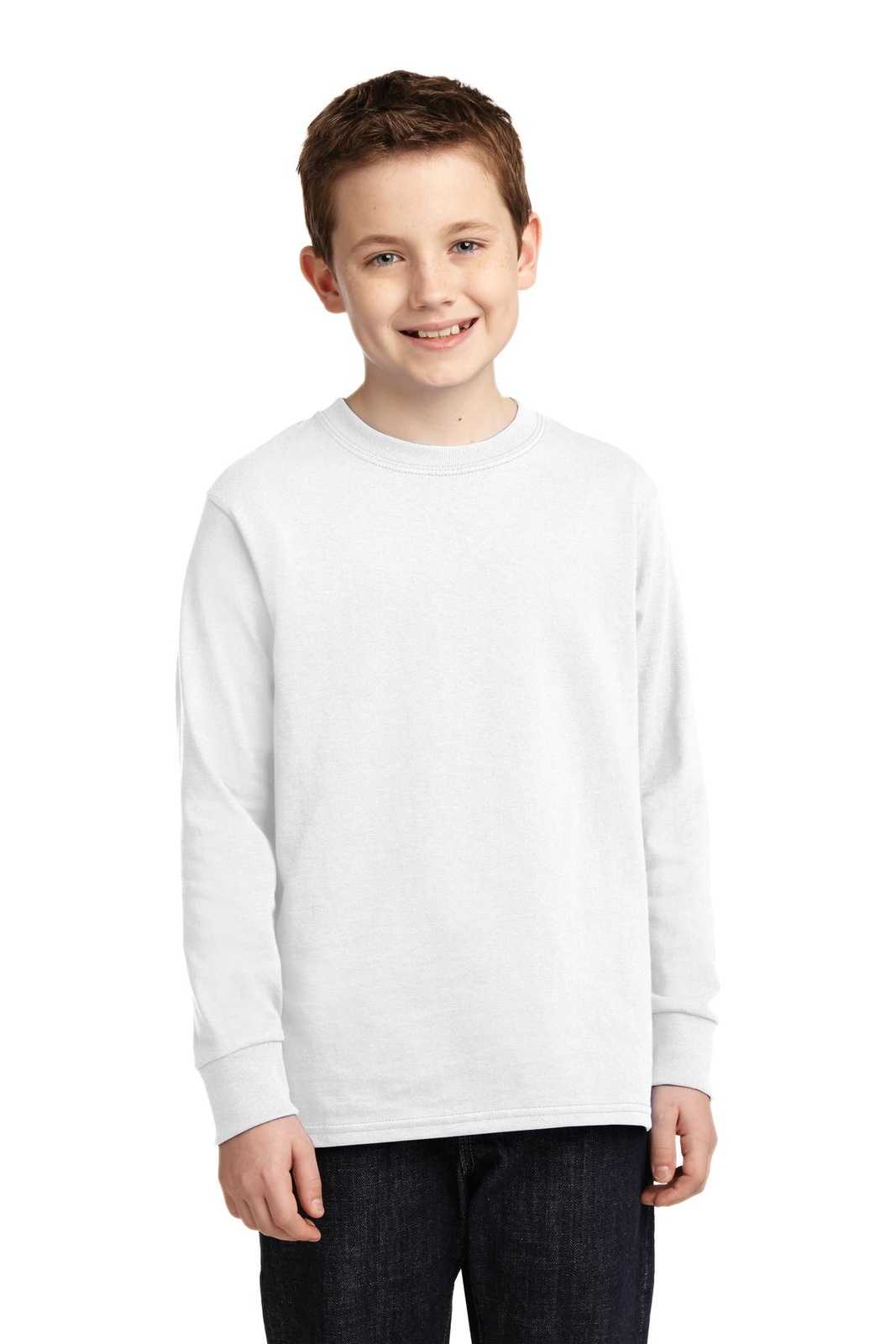 Port &amp; Company PC54YLS Youth Long Sleeve Core Cotton Tee - White - HIT a Double - 1