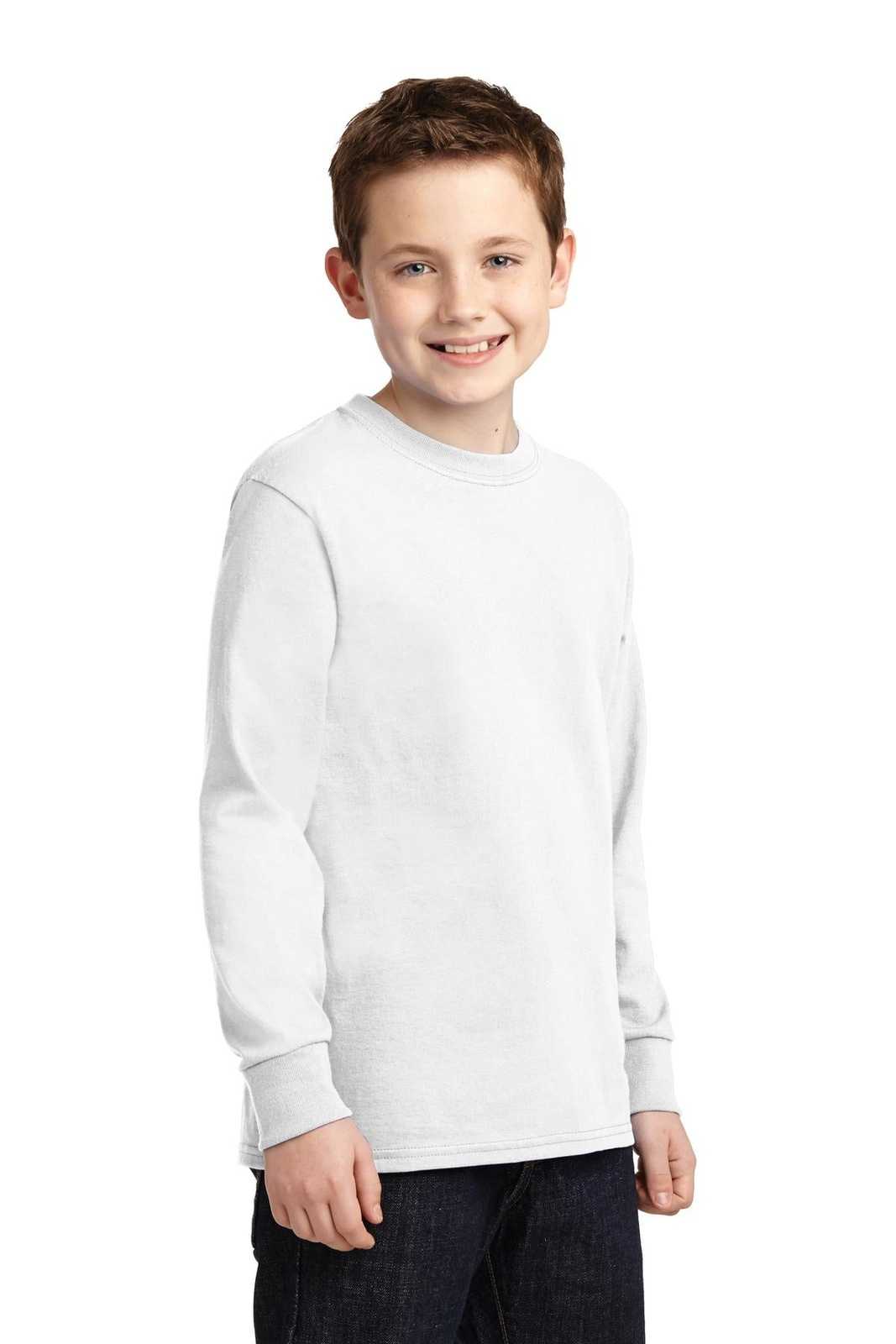 Port &amp; Company PC54YLS Youth Long Sleeve Core Cotton Tee - White - HIT a Double - 4