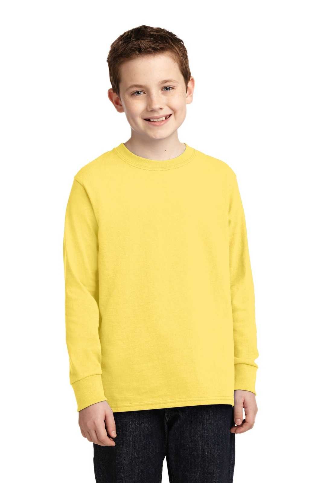 Port &amp; Company PC54YLS Youth Long Sleeve Core Cotton Tee - Yellow - HIT a Double - 1