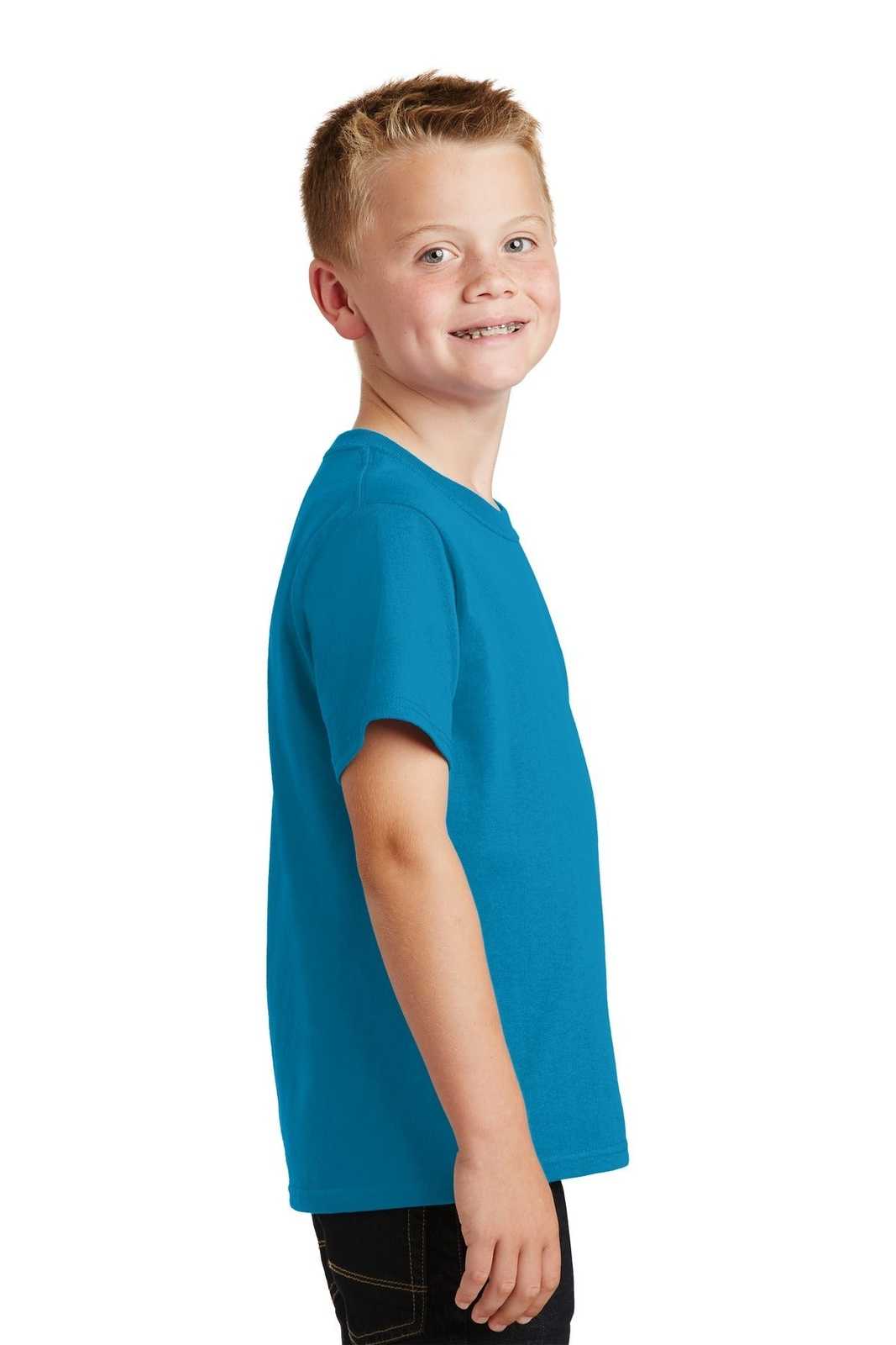 Port &amp; Company PC54Y Youth Core Cotton Tee - Neon Blue - HIT a Double - 3