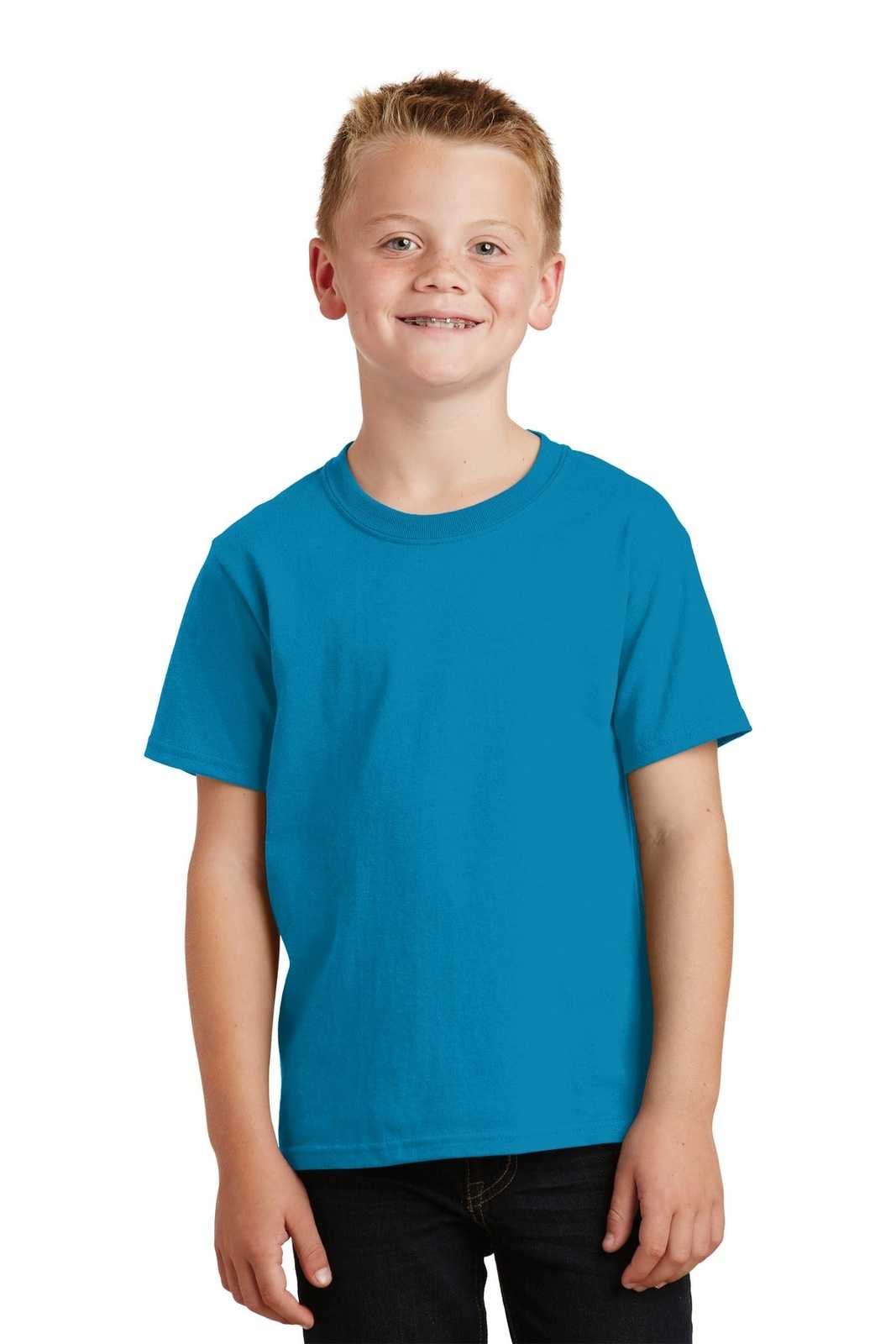 Port &amp; Company PC54Y Youth Core Cotton Tee - Neon Blue - HIT a Double - 1