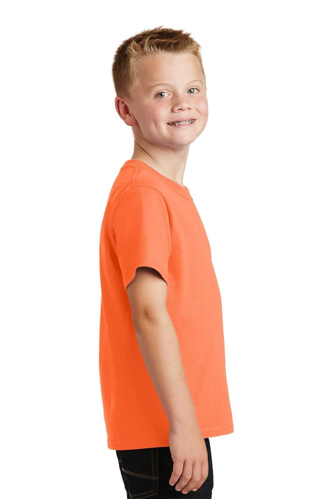 Port &amp; Company PC54Y Youth Core Cotton Tee - Neon Orange - HIT a Double - 3