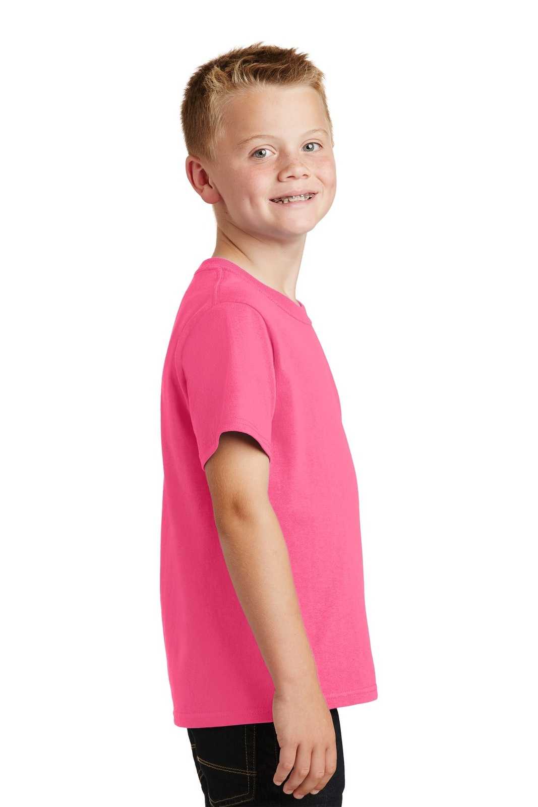 Port &amp; Company PC54Y Youth Core Cotton Tee - Neon Pink - HIT a Double - 3
