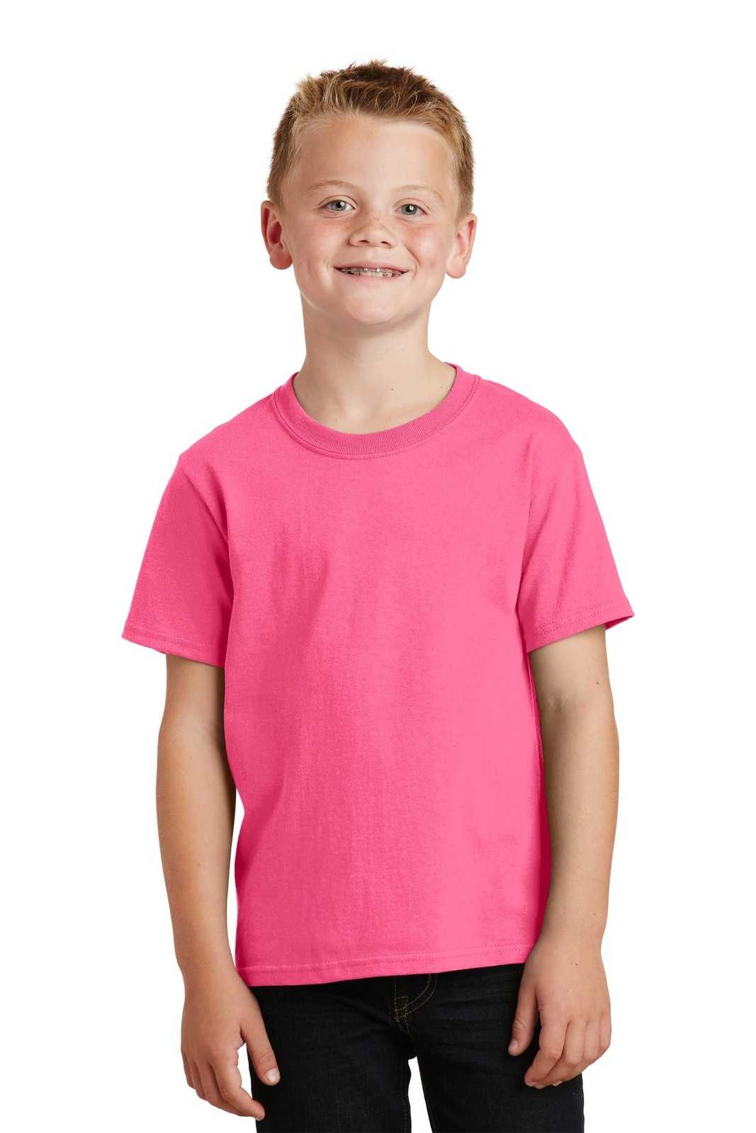 Port &amp; Company PC54Y Youth Core Cotton Tee - Neon Pink - HIT a Double - 1